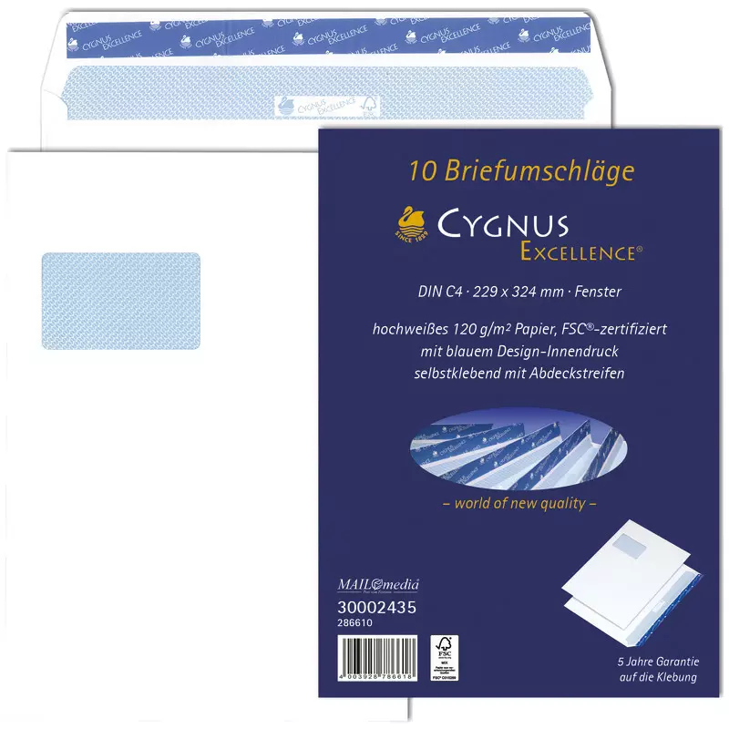 CYGNUS EXCELLENCE Briefumschlag DIN C4, 229 x 324, haftklebend, 120 g/m², mit Fenster, Pack: 10 Stück