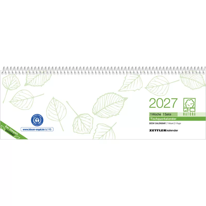 ZETTLER Zwei-Wochen-Querkalender 2027, Recyclingpapier, Deckkarton grau / grün