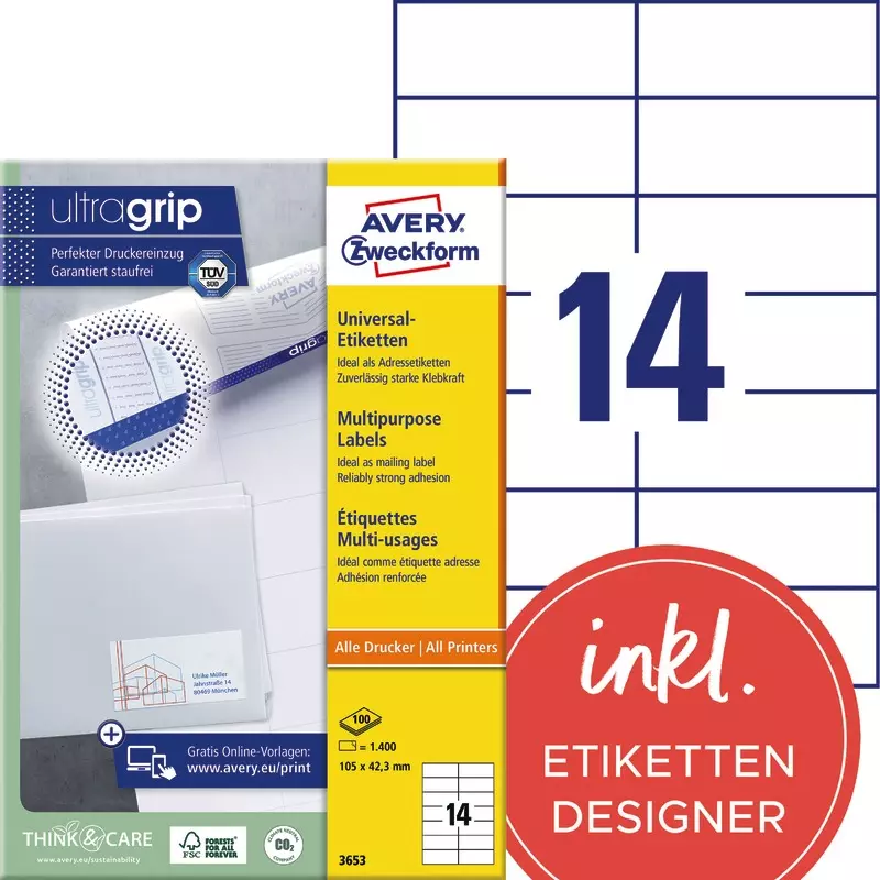 AVERY® Zweckform Universal-Etiketten 3653, permanent haftend, weiß, B x H: 105 x 42,3 mm, Pack: 1.400 Stück