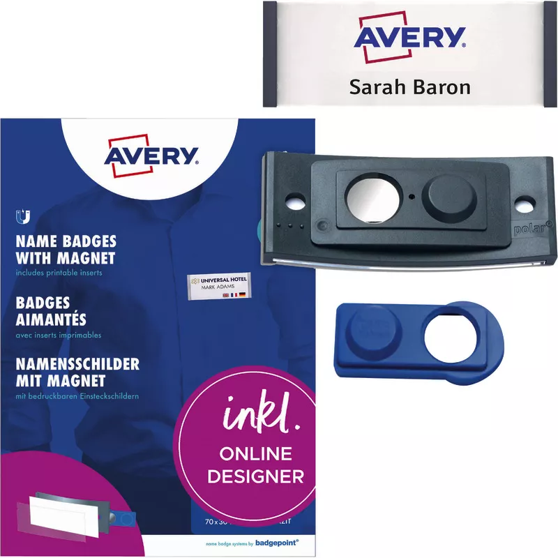 Avery Zweckform POL30MA02-20DR, Namensschilder, 70 x 30 mm, 20 Schilder / 90 Einsteckschilder / 5 Bögen