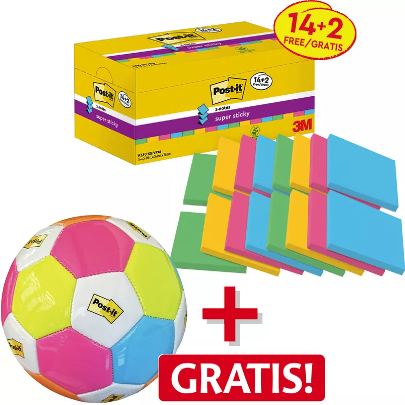 AKTION! 14 + 2 GRATIS! 16 Blöcke Post-it® Super Sticky Z-Notes,  76x76 mm, farbsortiert + 1 Fußball GRATIS!