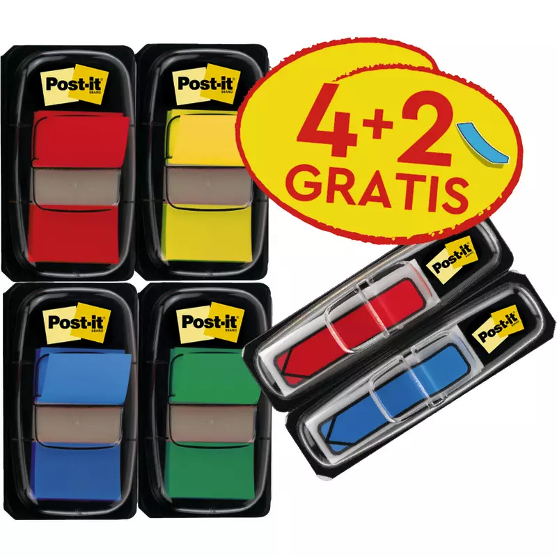 Post-it® Index Haftstreifen, Standard, Verschiedene Farben, 4 Spender + 2 Gratis/Packung