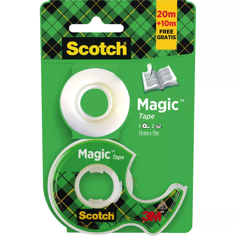 Scotch® Magic™ Klebeband, 19 mm x 15 m, 1 Rolle inkl. Handabroller + 1 Rolle a´ 10 m GRATIS