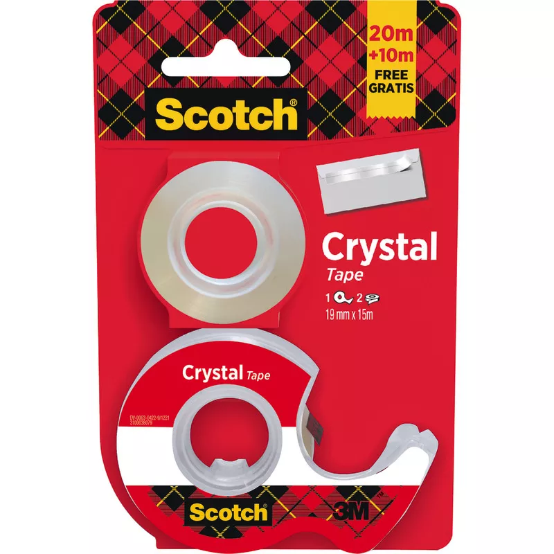 Scotch® Crystal Klebeband, 19 mm x 15 m, 1 Rolle auf Handabroller + 1 Rolle a´ 10 m GRATIS