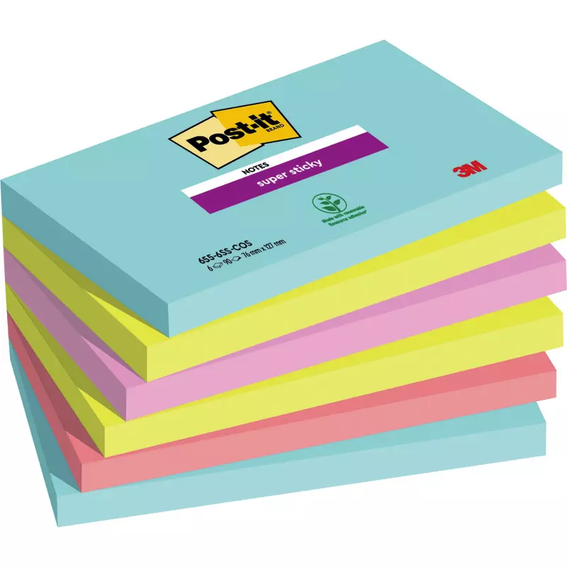 Post-it® Super Sticky Notes, Cosmic Collection, 76 mm x 127 mm, 90 Blatt/Block, 6 Blöcke/Packung