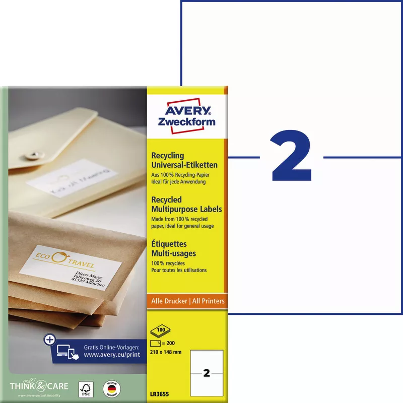 AVERY® Zweckform LR3655 Recycling Universal-Etiketten, 210 x 148 mm, 100 Bogen/200 Etiketten, naturweiß