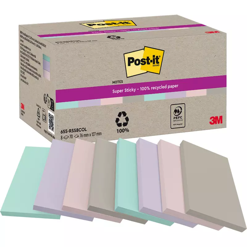 Post-it® Super Sticky 100 % Recycling Notes, farbsortiert pastell, 127 mm x 76 mm, 70 Blatt/Block, Packung: 8 Blocks