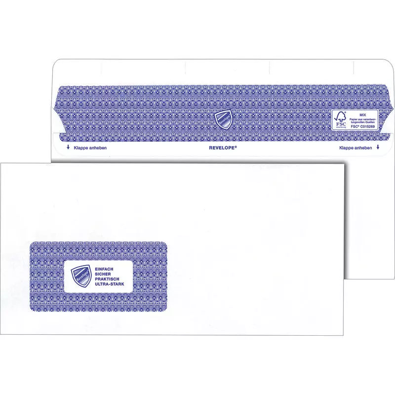 Revelope PROFESSIONAL, Briefumschlag DIN lang+ Revelope-Haftverschluss, Packung 35 Stück, mit Fenster