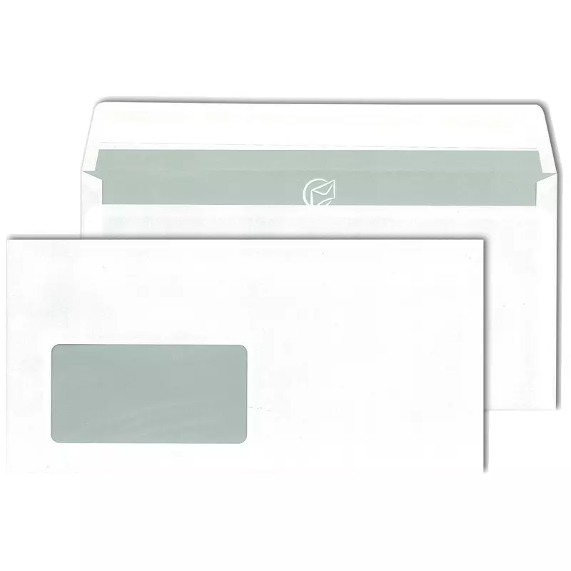Briefumschlag DIN lang, 110 x 220 mm, haftklebend, weiß, 80 g/m², mit Fenster 45 x 90 mm, grauer Innendruck, Pack: 1.000 Stück