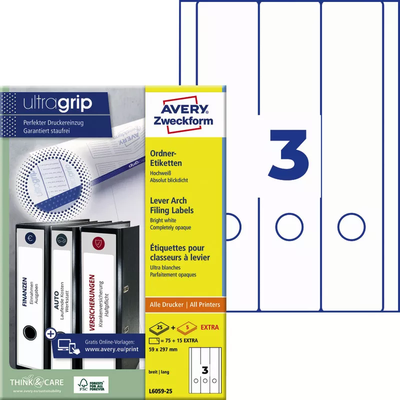 AVERY® Zweckform L6059-25 Ordnerrücken-Etiketten, 59 x 297 mm, 30 Bogen/90 Etiketten, weiß