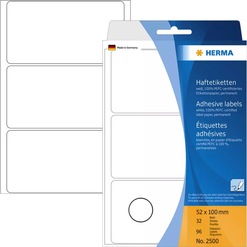 HERMA Etiketten 2500, weiß, 52 x 100 mm, Pack: 96 Stück