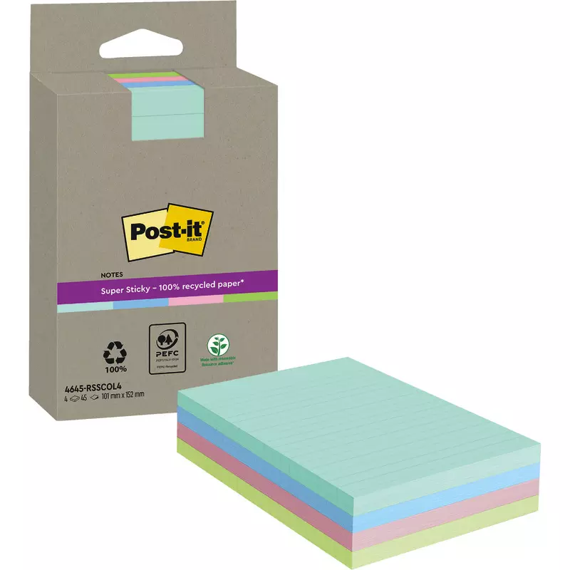Post-it® Super Sticky 100 % Recycling Notes, Verschiedene Farben, Liniert, 102 mm x 152 mm, 45 Blatt/Block, 4 Blöcke/Packung