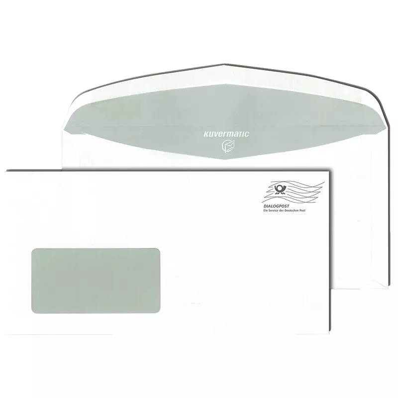 Briefumschlag Kuvermatic C6/5, 114 x 229 mm, nassklebend, weiß, mit Fenster 45 x 90 mm, 75 g/m², grauer Innendruck, Seitenklappen außen, Frankierwelle DIALOGPOST national, Pack: 1.000Stück