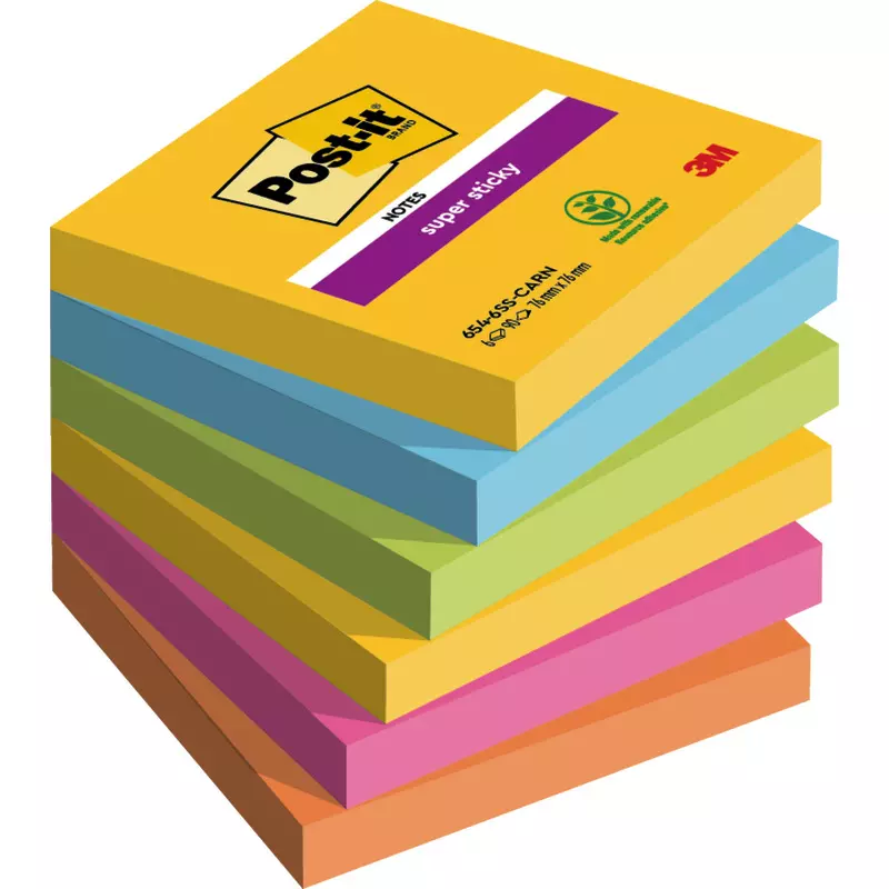 Post-it® Super Sticky Notes, 76 mm x 76 mm, 90 Blatt/Block, 6 Blöcke/Packung